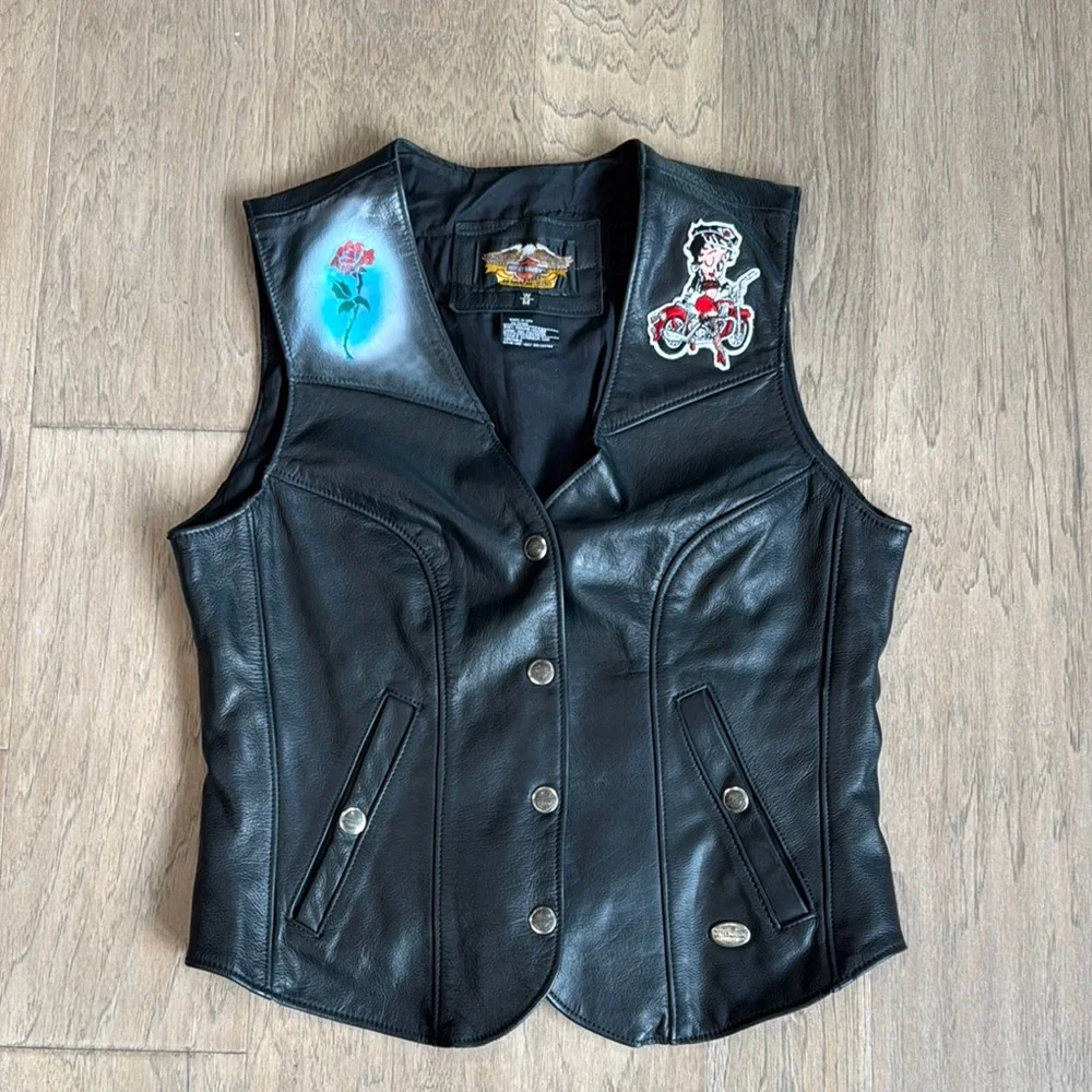 Harley-Davidson Women’s Medium Airbrushed Rose Betty Boop Vest - Picture 1 of 9